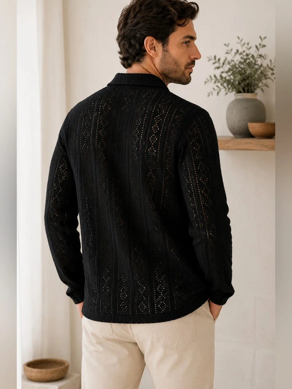 Zara XL Black Openwork Jacquard Crochet Knit Button Long Sleeve Shirt Sweater